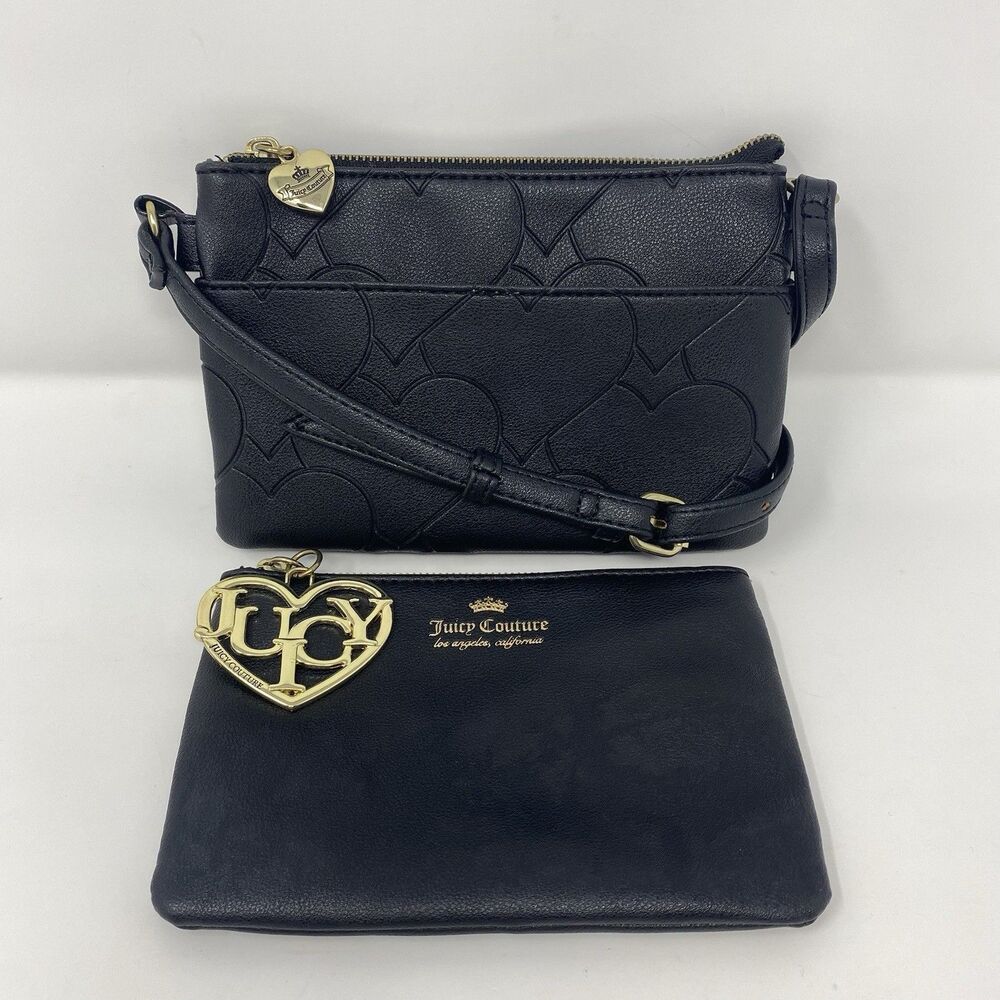 Juicy Couture Embossed Crossbody Bag Black Gold Heart Charm Pouch  Set Y2K Glam